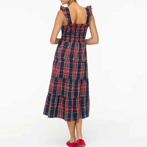 J. CREW Factory Plaid Cotton Poplin Smocked Tiered Midi Dress Red Blue {RR24} - Picture 2 of 8